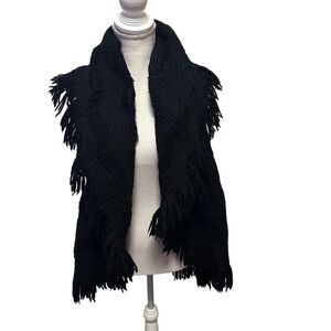 Sioni Black Crochet Fringe Shawl Wrap Scarf Women's S/M Wool